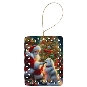 American Eskimo Dog and Santa Claus Porcelain Christmas Ornament, Rectangle Hanging Décor Gift, Multicolor