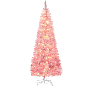 6 ft Pre-Lit Snow-Flocked Pencil Artificial Christmas Tree with Pine Branches, Warm White LEDs, Auto-Open, Pink & White