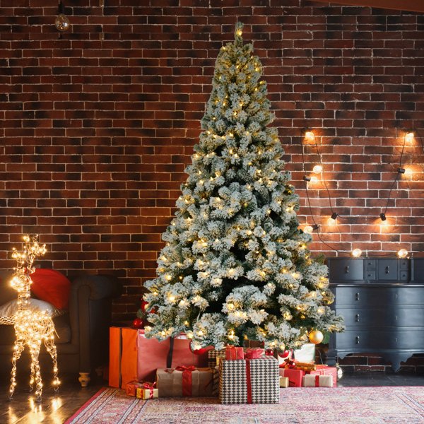 6ft Green Flocked Christmas Tree with 550 Warm Lights, 8 Lighting Modes, and Full Branch Design