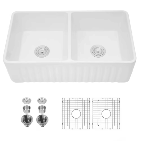 Ceramic White Double Basin Kitchen Sink, Rectangular Vessel-Style Sink with Deep Bowls