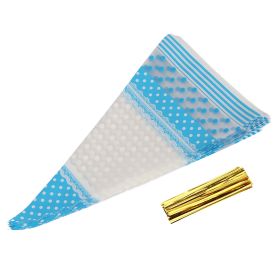 50 Clear Cone-Shaped Cellophane Treat Bags with Blue Twist Ties for Candy, Popcorn, and Party Favors