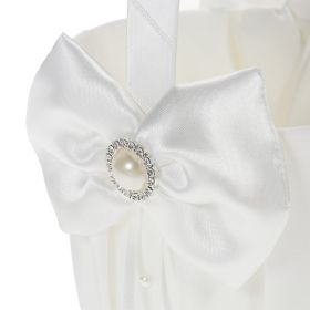 7×7 Inch White Satin Ring Bearer Pillow and Flower Girl Basket Set with Bowknot and Rhinestone Decoration for Weddings