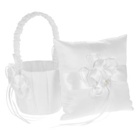7×7 Inch Ivory White Satin Ring Bearer Pillow and Flower Girl Basket Set with Flower Bowknot for Wedding Ceremony