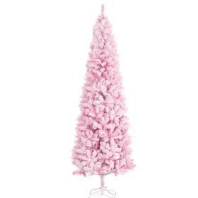7.5 ft Slim Pencil Snow-Flocked Artificial Christmas Tree in Pink, Unlit Pine-Style Tree with Realistic Branches