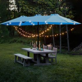 15×9ft Double-Sided Rectangular Patio Market Umbrella with LED Lights and Base, Blue