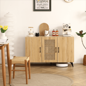 Natural Rattan Mesh Three-Door Storage Cabinet with Large Capacity, Stylish Kitchen Storage Unit