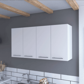 Durham Kitchen Cabinet with Four Doors, White Finish Storage Unit for Kitchen or Dining Area