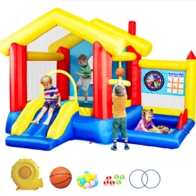 8-in-1 Inflatable Bounce House with Blower, Basketball Hoop, Ocean Balls, Ring Toss, Target, and Sticky Ball Games for Kids