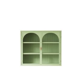 Modern Two-Door Wall Cabinet with Glass Doors and Woven Pattern Design, Green Finish Storage Unit