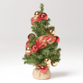 Gold Decorated Linen Christmas Tree with 50 Warm White LED Lights, Battery Operated Tabletop Décor