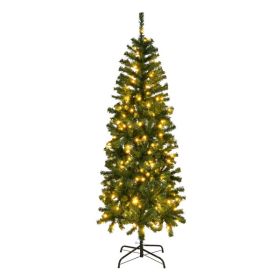 6ft Green Pencil-Shape PVC Christmas Tree with 210 Warm White Lights, 8 Lighting Modes, and Full Branch Design