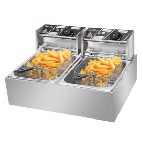 Electric Deep Fryer with Double Cylinder Design, Silver Stainless Steel