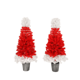 Set of 2 Lighted Santa Hat Christmas Trees, 4 ft Artificial Trees with Warm White Lights for Indoor & Outdoor Décor