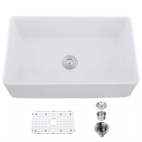 Single Basin Ceramic Farmhouse Kitchen Sink with Basket Strainer, Durable Apron-Front Design