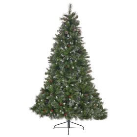 9-Foot Glitter Bristle Hinged Christmas Tree with Red Berries, Pine Cones, and Full 66-Inch Diameter