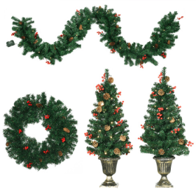 HOMCOM Pre-Lit Christmas Décor 4-Piece Set with Garland, Wreath & 2 Entrance Trees, Warm White LEDs