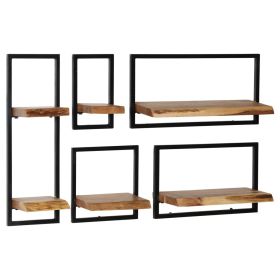 vidaXL Wall Shelf Set, 5 Pieces, Solid Acacia Wood and Steel