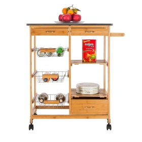Moveable Kitchen Cart with Stainless Steel Tabletop, Three Drawers and Three Storage Baskets for Kitchen Organization