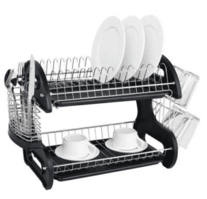 Black Dual-Layer Dish Drying Rack with Bowl, Plate, Chopstick, and Spoon Storage