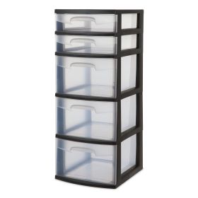 Plastic 5-Drawer Storage Tower – Black Frame with Clear Drawers, Multi-Purpose Organizer for Home, Office, or Dorm