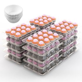 12 Pack Cupcake Boxes with High Dome Lids, Stackable Carriers for 20 Cupcakes Each, Includes 240 Liners — Disposable Clear Containers