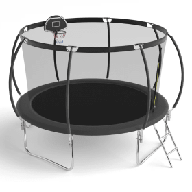 12 Ft Black Pumpkin-Style Trampoline with Safety Net Enclosure and Basketball Hoop for Outdoor Family Fun