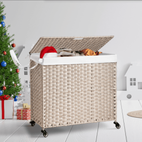 160L Laundry Hamper with Lid, PE Rattan Basket with Powder-Coated Frame, 2 Removable Bags and Wheels, Gray