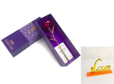 24K Luminous Gold Rose Flower Set, Elegant Color-Preserved Rose Display for Romantic Gifts and Home Décor (Option: Rose red purple gift with base)