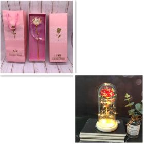 24K Luminous Gold Rose Flower Set, Elegant Color-Preserved Rose Display for Romantic Gifts and Home Décor (Option: Gold pink pack A)