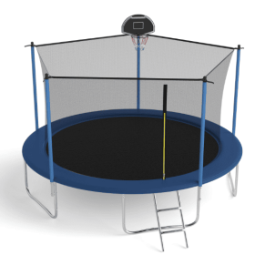 14ft Outdoor Trampoline with Inside Safety Net and Built-In Basketball Hoop (Color: Blue)