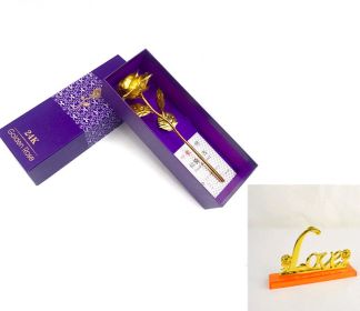 24K Luminous Gold Rose Flower Set, Elegant Color-Preserved Rose Display for Romantic Gifts and Home Décor (Option: Gold purple gift with base)