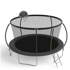 14 Ft Pumpkin-Style Trampoline with Basketball Hoop, Large Outdoor Backyard Trampoline for Kids and Family Fun (Color: Black)