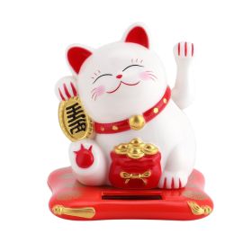 Solar Powered Waving Lucky Cat Figurine, Cute Yellow Maneki Neko for Wealth and Welcome, Home or Car Dashboard Decor (Color: White)