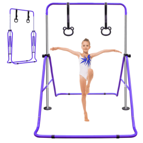 Adjustable Height Kids’ Gymnastics Horizontal Bar with Bear Rings, Indoor Fitness Training Equipment (Color: Purple)
