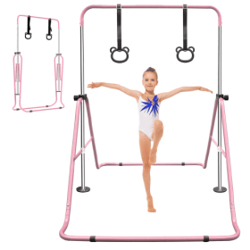 Adjustable Height Kids’ Gymnastics Horizontal Bar with Bear Rings, Indoor Fitness Training Equipment (Color: Pink)