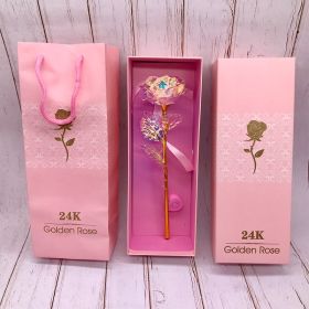 24K Luminous Gold Rose Flower Set, Elegant Color-Preserved Rose Display for Romantic Gifts and Home Décor (Option: Lamp gold pink pack)