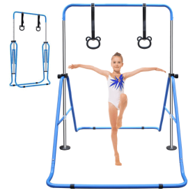 Adjustable Height Kids’ Gymnastics Horizontal Bar with Bear Rings, Indoor Fitness Training Equipment (Color: Blue)