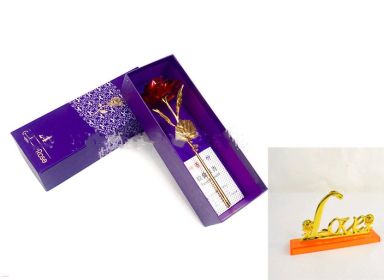 24K Luminous Gold Rose Flower Set, Elegant Color-Preserved Rose Display for Romantic Gifts and Home Décor (Option: Red purple gift with base)