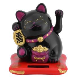Solar Powered Waving Lucky Cat Figurine, Cute Yellow Maneki Neko for Wealth and Welcome, Home or Car Dashboard Decor (Color: Black)
