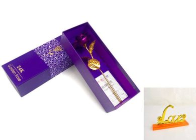 24K Luminous Gold Rose Flower Set, Elegant Color-Preserved Rose Display for Romantic Gifts and Home Décor (Option: Purple purple gift with base)