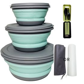 3-Piece Collapsible Silicone Bowl Set with Lids – Portable Expandable Food Containers for Camping, Lunch, and Travel (Color: Blue)