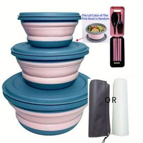 3-Piece Collapsible Silicone Bowl Set with Lids – Portable Expandable Food Containers for Camping, Lunch, and Travel (Color: Pink)