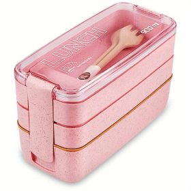 3-in-1 Bento Lunch Box Set – Microwave Safe with Dividers & Utensils (Color: Pink)