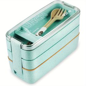 3-in-1 Bento Lunch Box Set – Microwave Safe with Dividers & Utensils (Color: Green)