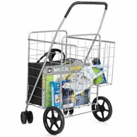 Foldable Jumbo Shopping Cart with Swivel Wheels and Dual Storage Baskets (Type: Kitchen Tools, Color: Silver)