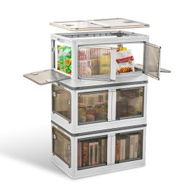 3Pcs Foldable Storage Bins with Lid 4 Doors Collapsible Stackable Closet Organizer Containers with Lock 4Pcs Wheels (Color: White, size: XL)