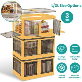 3Pcs Foldable Storage Bins with Lid 4 Doors Collapsible Stackable Closet Organizer Containers with Lock 4Pcs Wheels (Color: Yellow, size: L)
