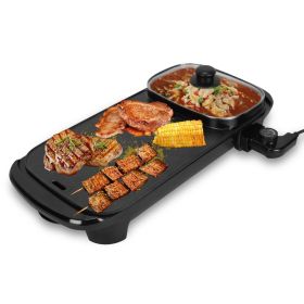2 In 1 1300W Electric Hot Pot with Grill Smokeless Non-Stick Korean BBQ Grill Shabu Shabu Hot Pot with 5 Firepower Levels for 2-6 People (Color: Black)