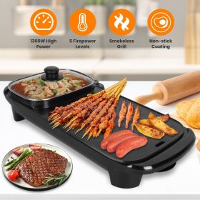 2 In 1 1300W Electric Hot Pot with Grill Smokeless Non-Stick Korean BBQ Grill Shabu Shabu Hot Pot with 5 Firepower Levels for 2-6 People (Color: AS  PIC)