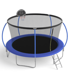14 Ft Pumpkin-Style Trampoline with Basketball Hoop, Large Outdoor Backyard Trampoline for Kids and Family Fun (Color: Blue)